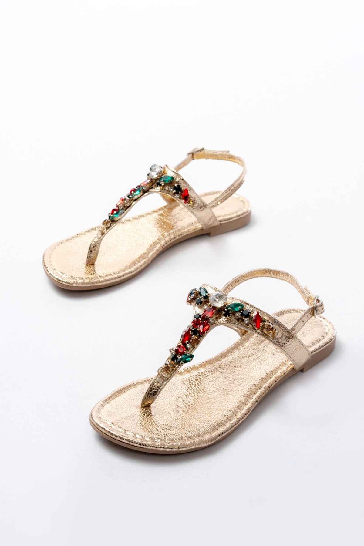 Ayakkabı Aşkı 152-1110 Gold Multi Cam Kırığı Taşlı Parmak Arası Kadın Sandalet