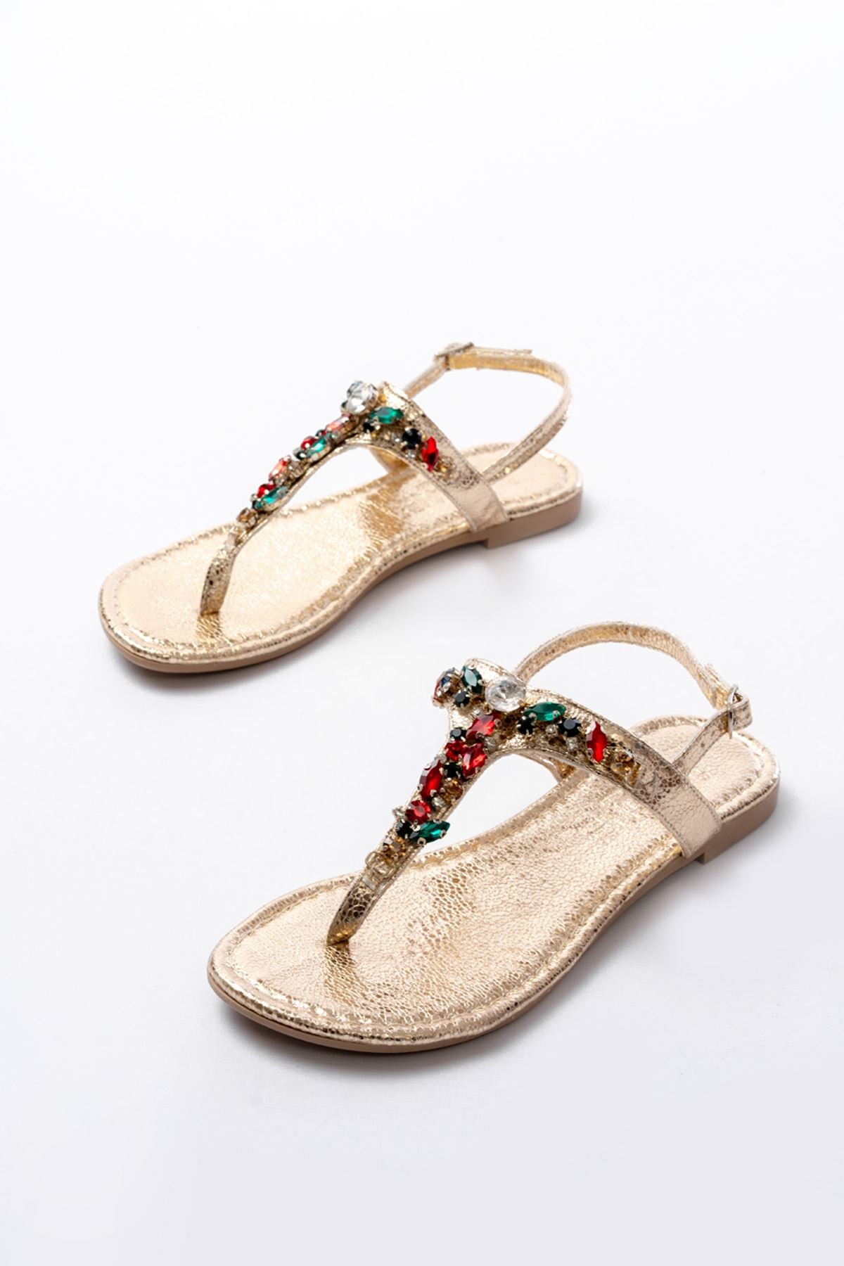 Ayakkabı Aşkı Gold Multi Cam Kırığı Taşlı Parmak Arası Kadın Sandalet - Ayakkabı Aşkı
