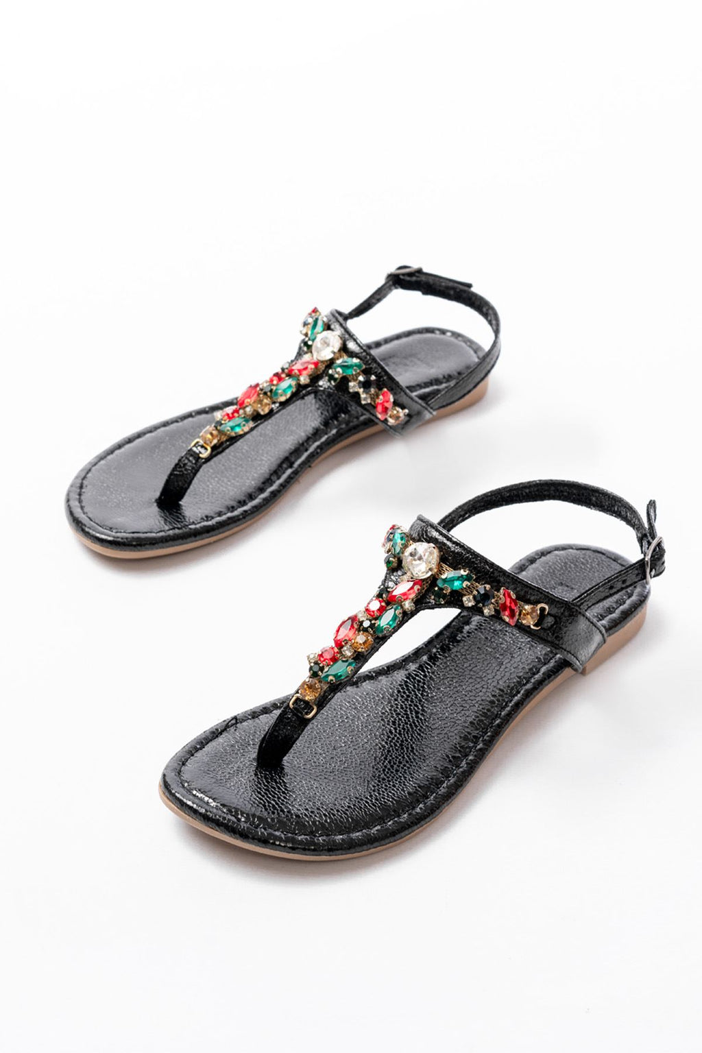 Ayakkabı Aşkı Siyah Multi Cam Kırığı Taşlı Parmak Arası Kadın Sandalet