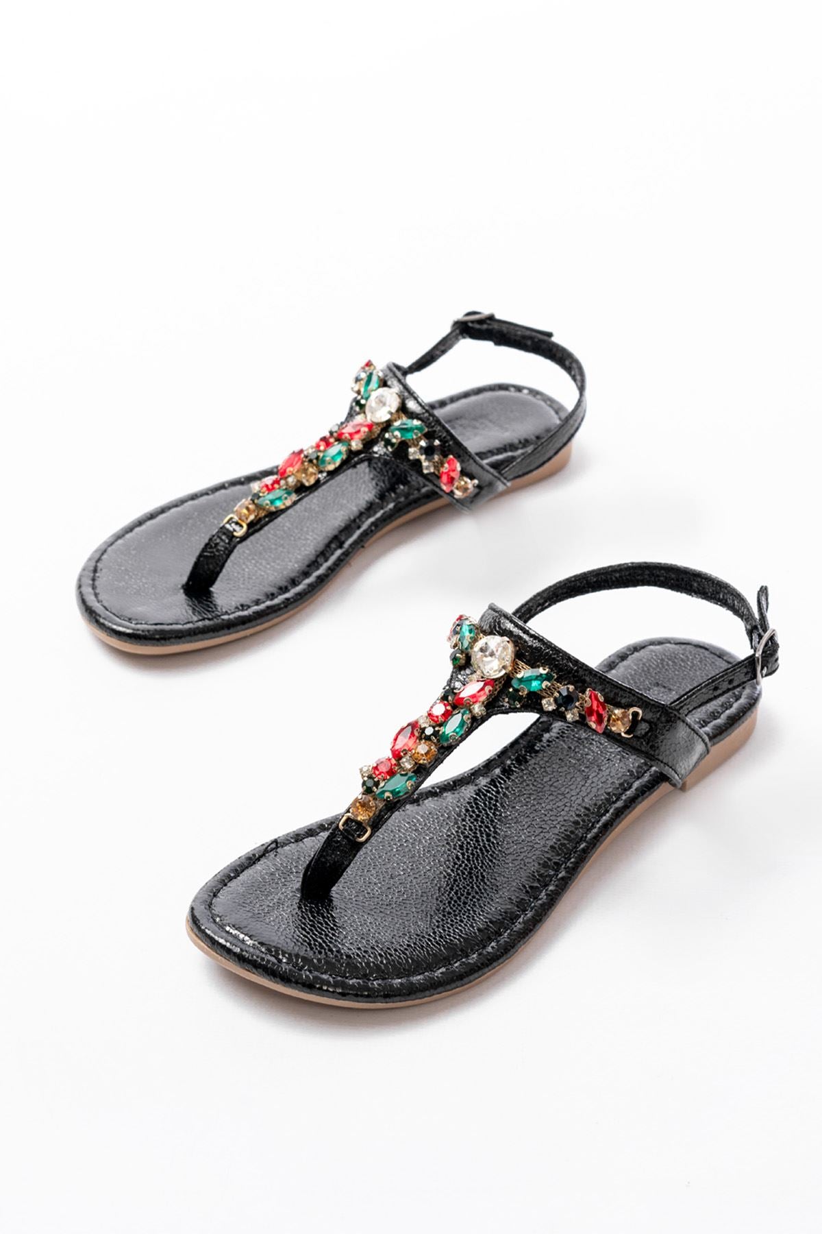 Ayakkabı Aşkı Siyah Multi Cam Kırığı Taşlı Parmak Arası Kadın Sandalet