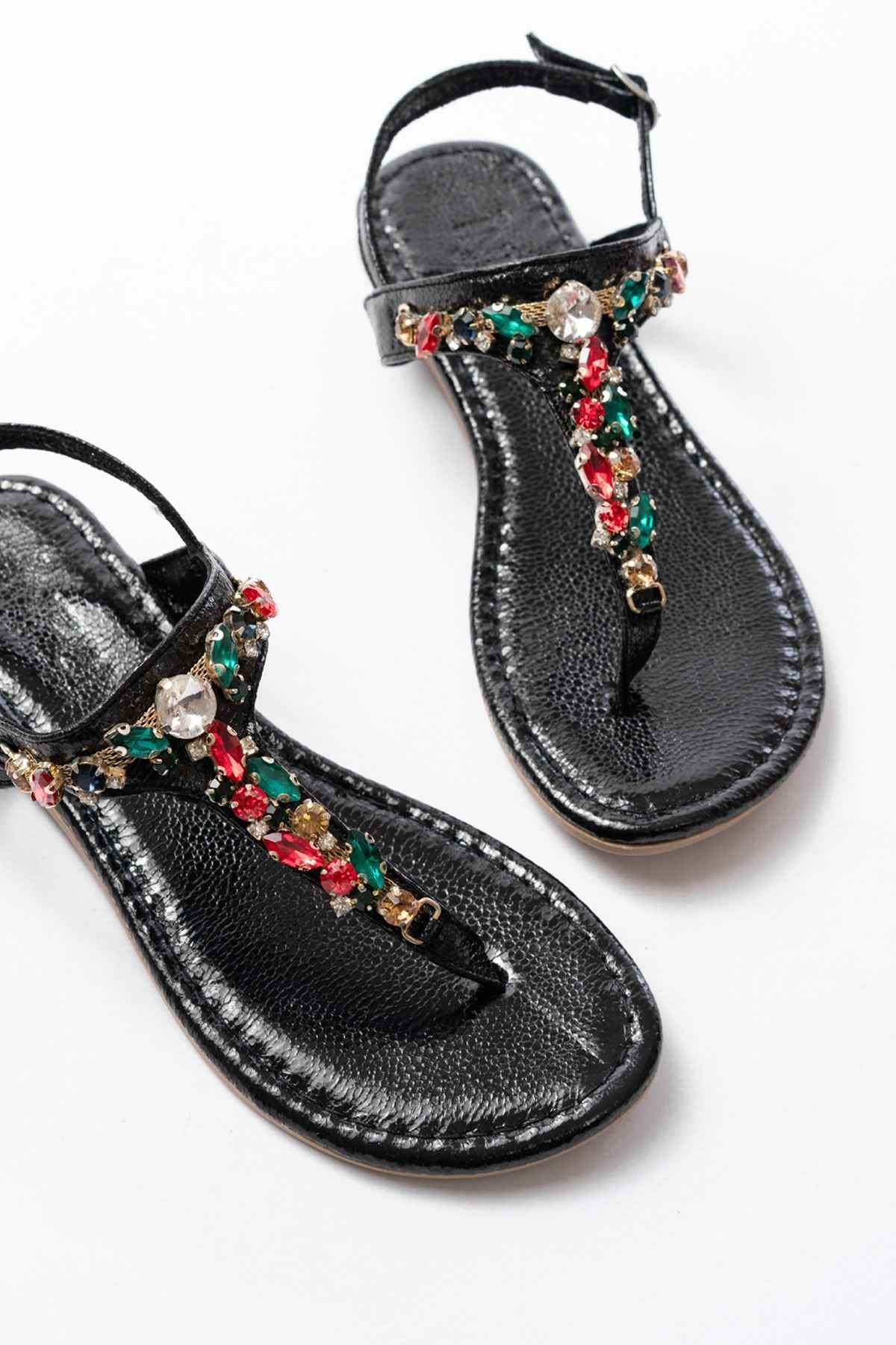 Ayakkabı Aşkı 152-1110 Siyah Multi Cam Kırığı Taşlı Parmak Arası Kadın Sandalet