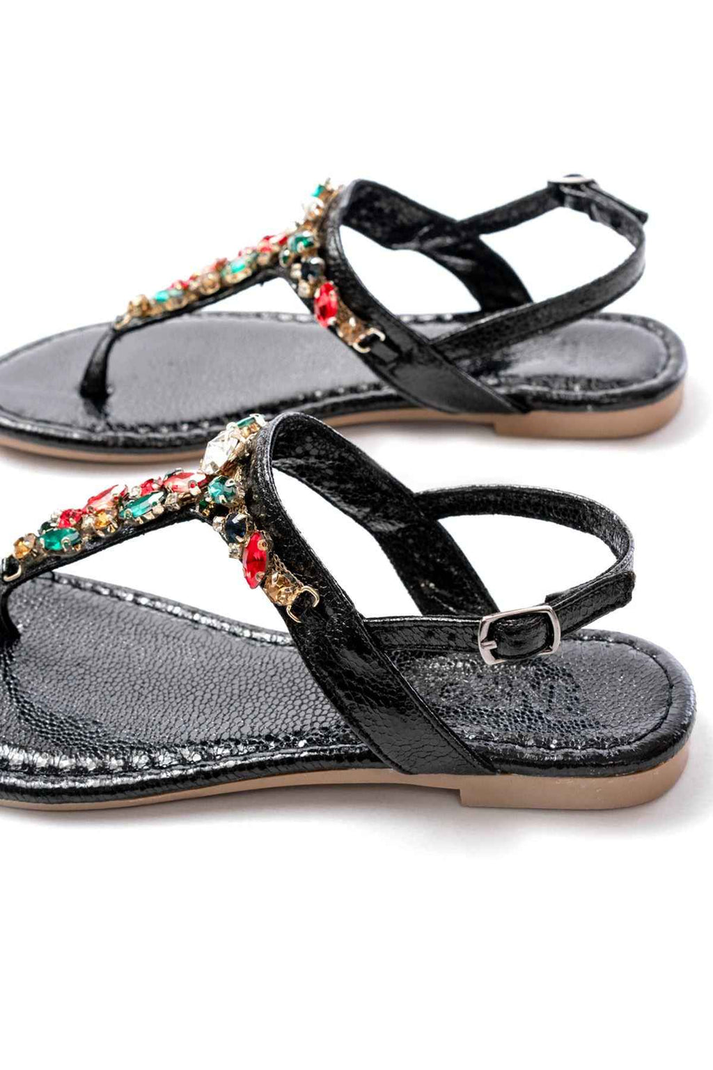 Ayakkabı Aşkı 152-1110 Siyah Multi Cam Kırığı Taşlı Parmak Arası Kadın Sandalet