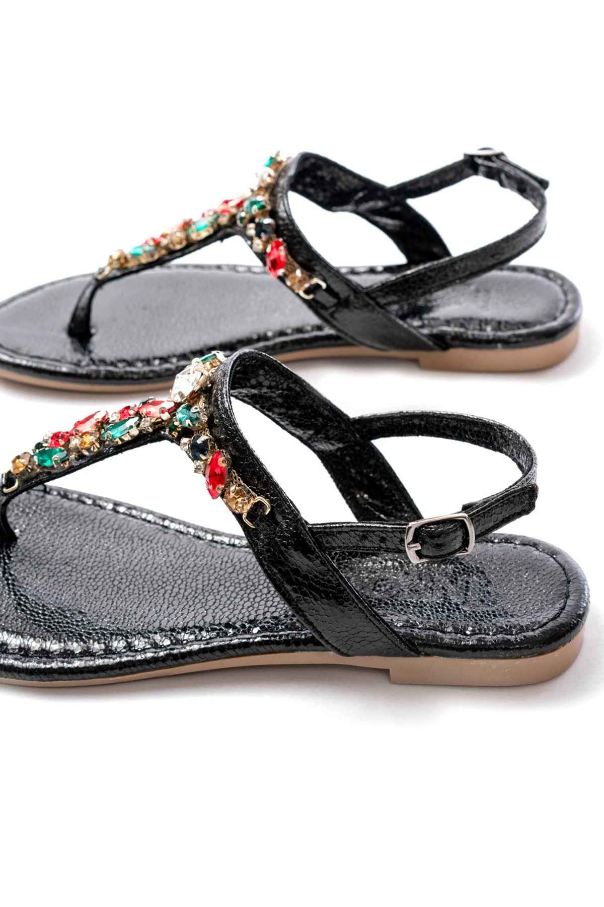Ayakkabı Aşkı 152-1110 Siyah Multi Cam Kırığı Taşlı Parmak Arası Kadın Sandalet