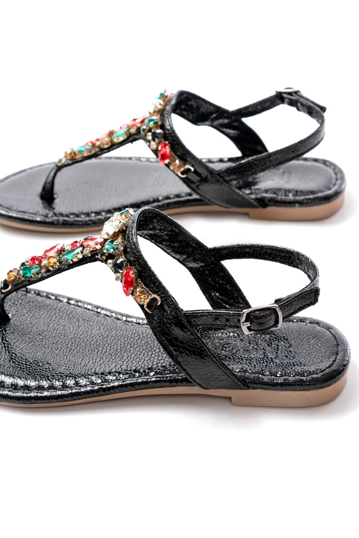 Ayakkabı Aşkı Siyah Multi Cam Kırığı Taşlı Parmak Arası Kadın Sandalet