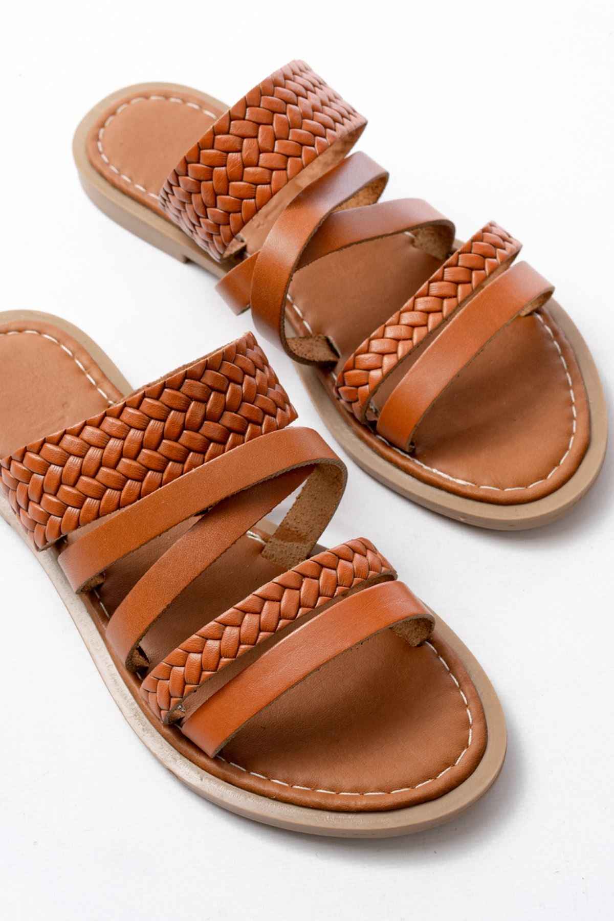 Ayakkabı Aşkı 169-161 Taba Örgülü Ortopedik Taban Hakiki Deri Kadın Sandalet