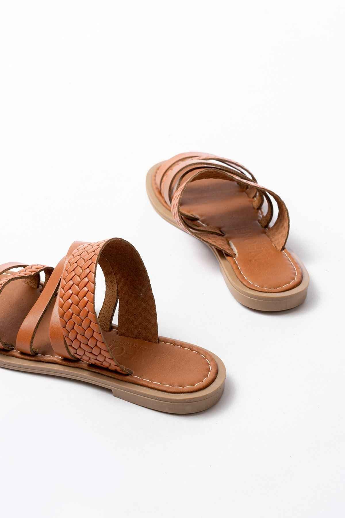 Ayakkabı Aşkı 169-161 Taba Örgülü Ortopedik Taban Hakiki Deri Kadın Sandalet