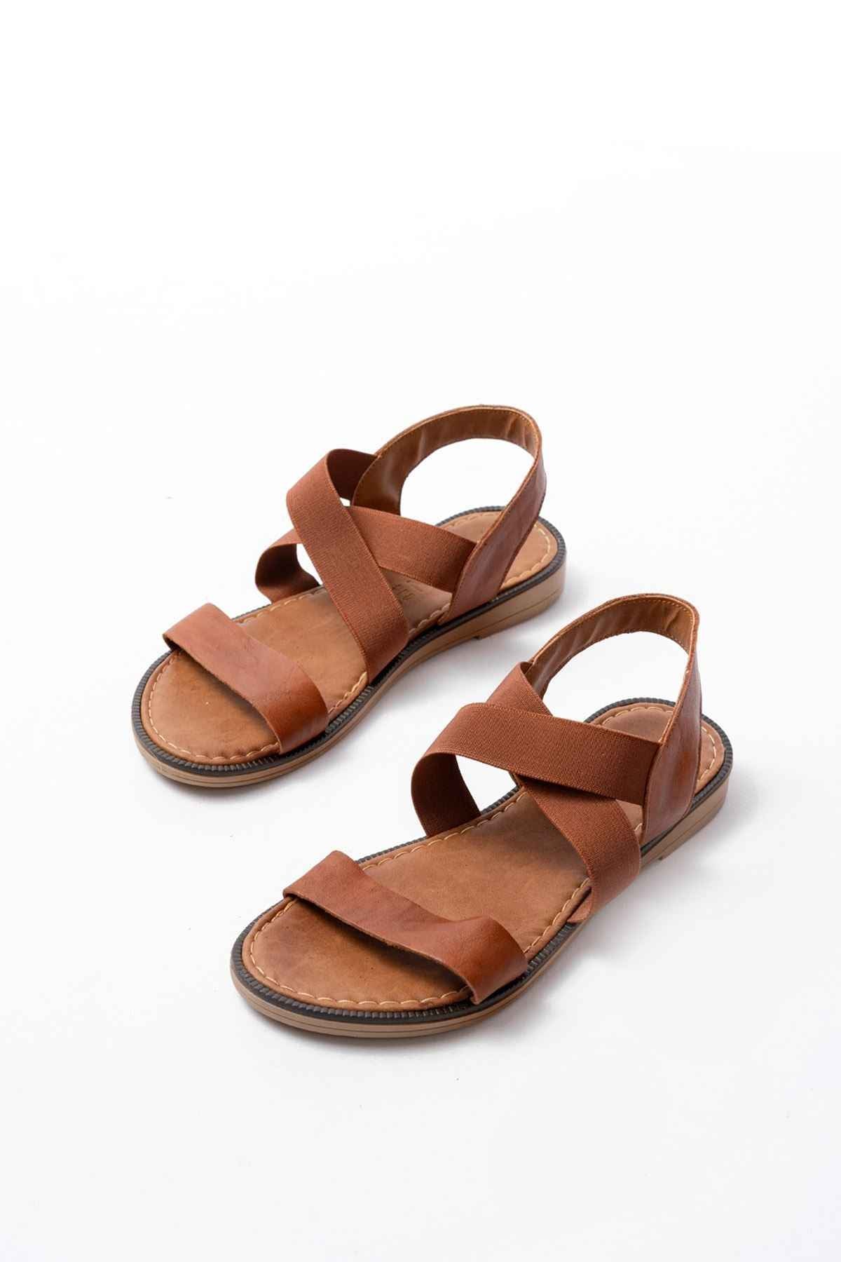 Ayakkabı Aşkı 205-04 Taba Tek Bantlı Lastikli Hakiki Deri Ortopedik Taban Kadın Sandalet