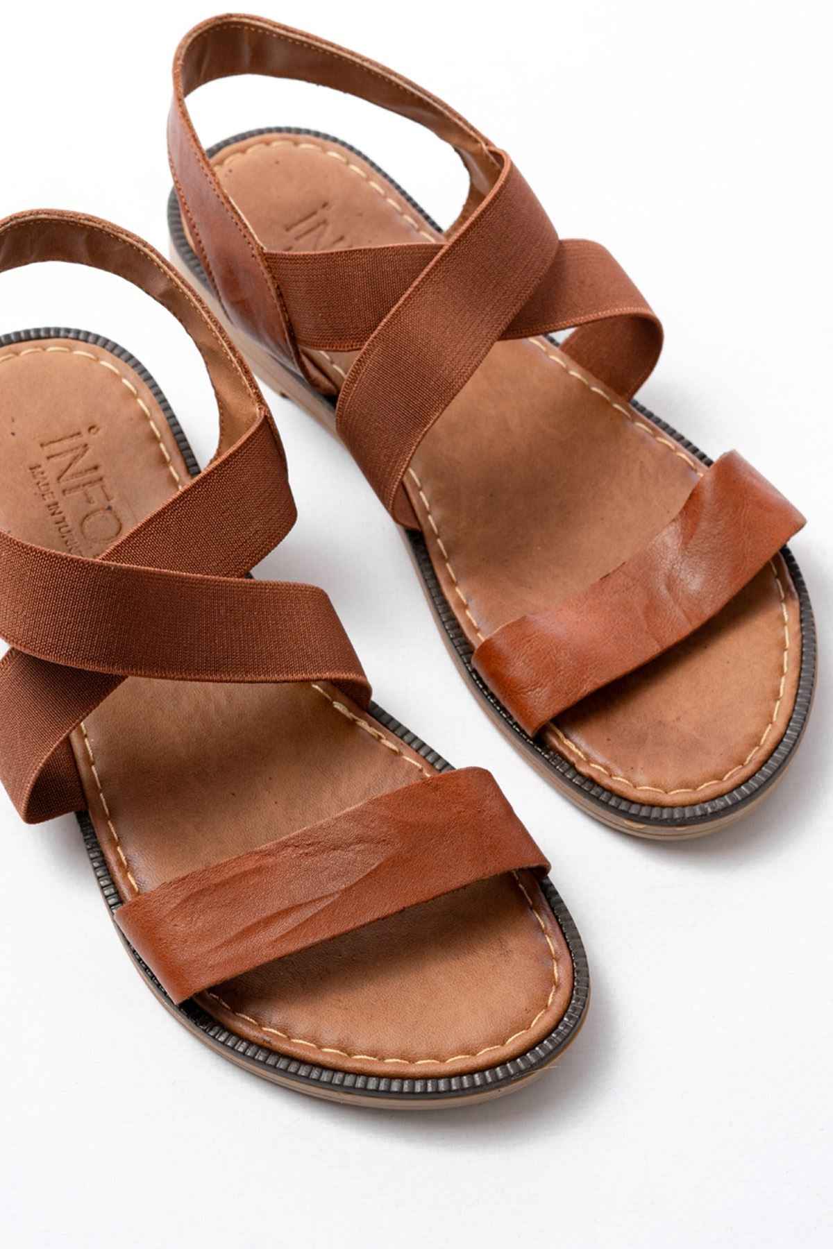 Ayakkabı Aşkı 205-04 Taba Tek Bantlı Lastikli Hakiki Deri Ortopedik Taban Kadın Sandalet