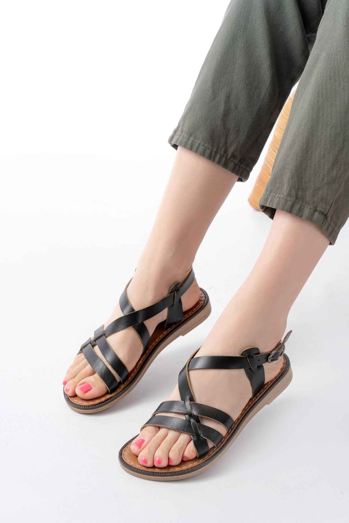 Ayakkabı Aşkı 205-05 Siyah Ortopedik Hakiki Deri Kadın Sandalet