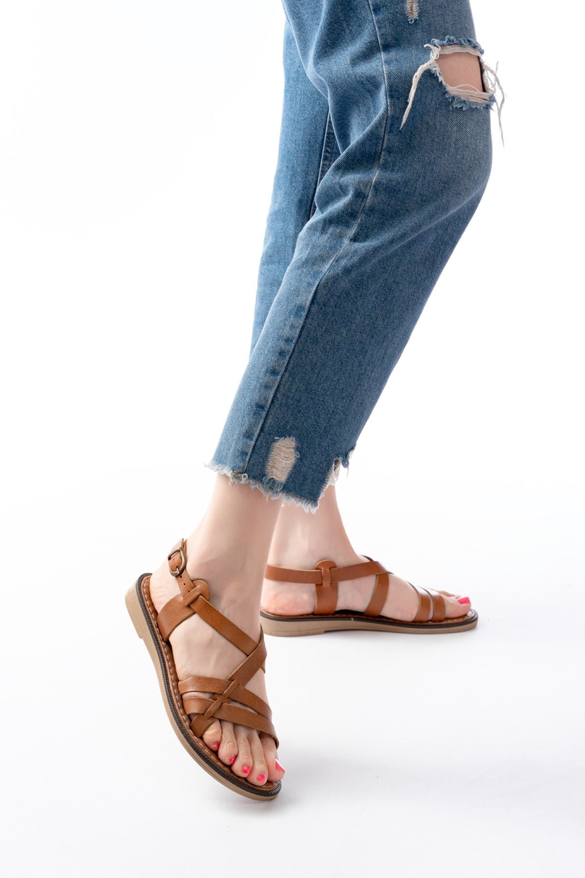 Ayakkabı Aşkı Taba Ortopedik Hakiki Deri Kadın Sandalet