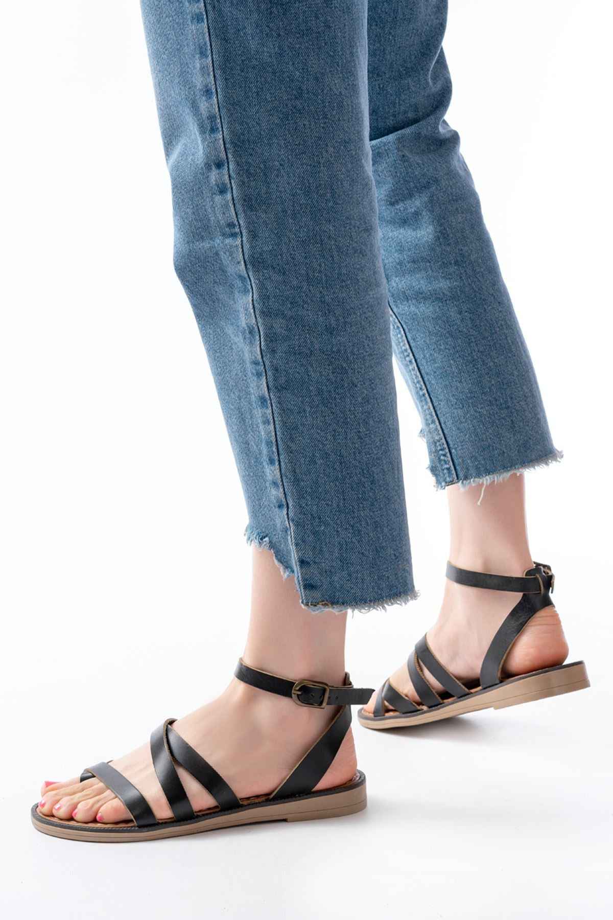 Ayakkabı Aşkı 205-08 Siyah Ortopedik Hakiki Deri Kadın Sandalet