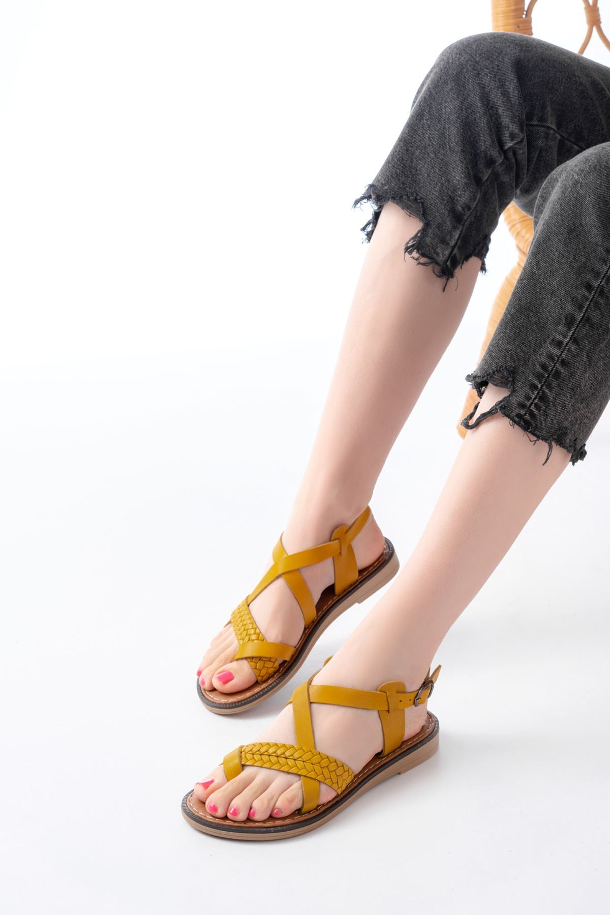 Ayakkabı Aşkı Hardal Ortopedik Hakiki Deri Kadın Sandalet - Ayakkabı Aşkı