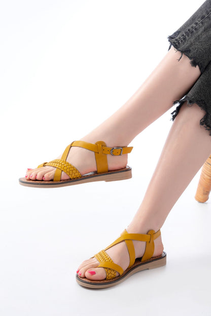 Ayakkabı Aşkı Hardal Ortopedik Hakiki Deri Kadın Sandalet