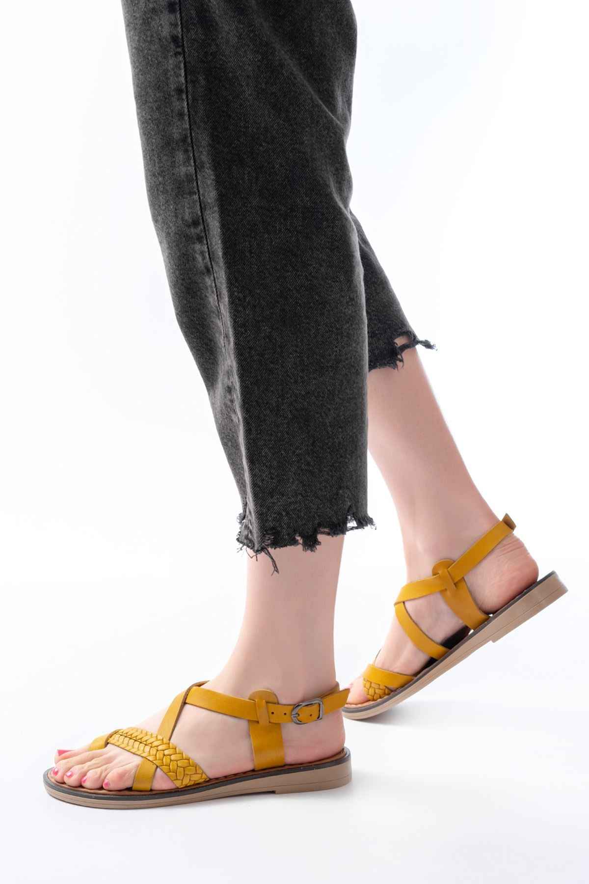 Ayakkabı Aşkı 205-09 Hardal Ortopedik Hakiki Deri Kadın Sandalet