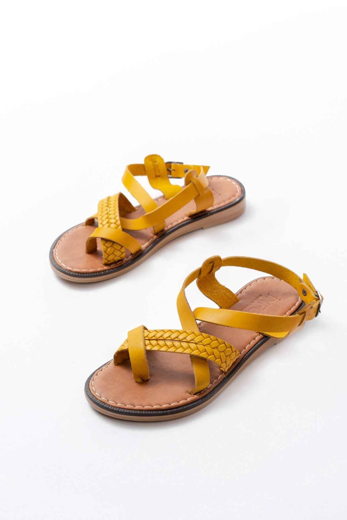 Ayakkabı Aşkı 205-09 Hardal Ortopedik Hakiki Deri Kadın Sandalet