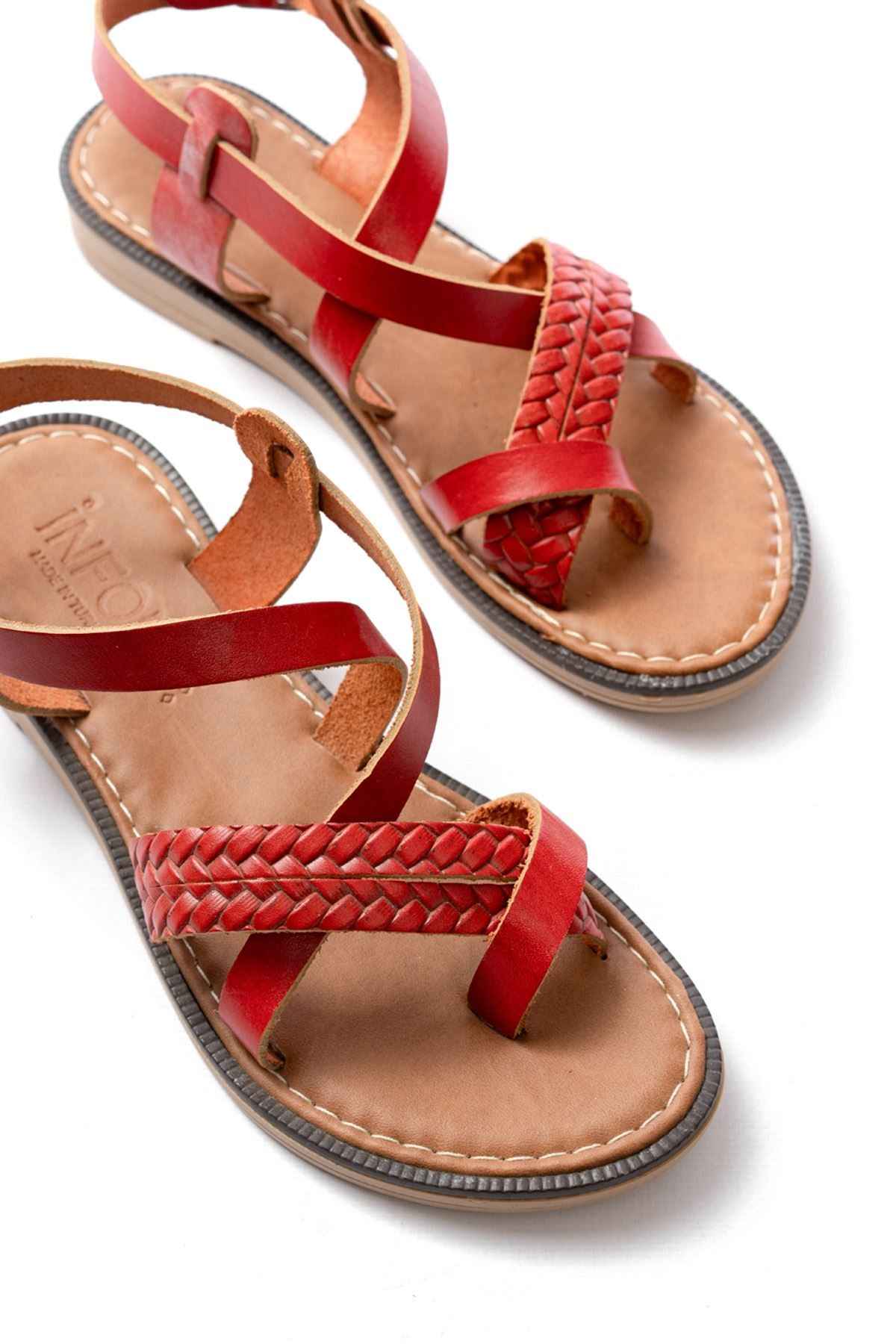 Ayakkabı Aşkı 205-09 Kırmızı Ortopedik Hakiki Deri Kadın Sandalet