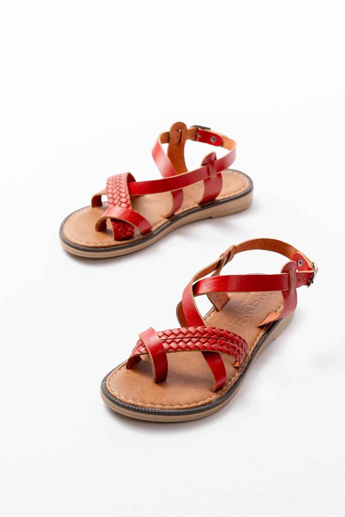 Ayakkabı Aşkı 205-09 Kırmızı Ortopedik Hakiki Deri Kadın Sandalet