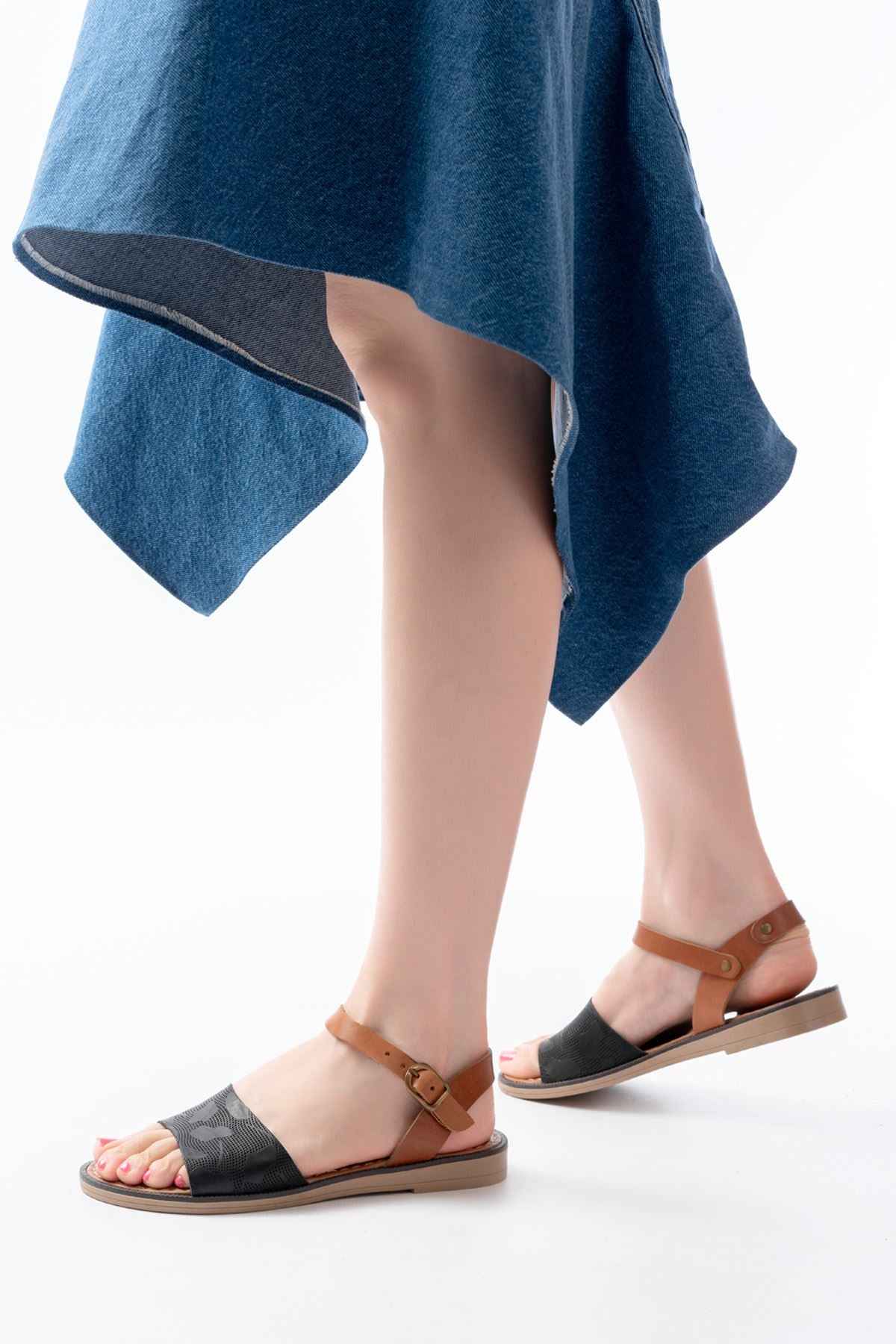 Ayakkabı Aşkı 205-012 Siyah Ortopedik Hakiki Deri Kadın Sandalet