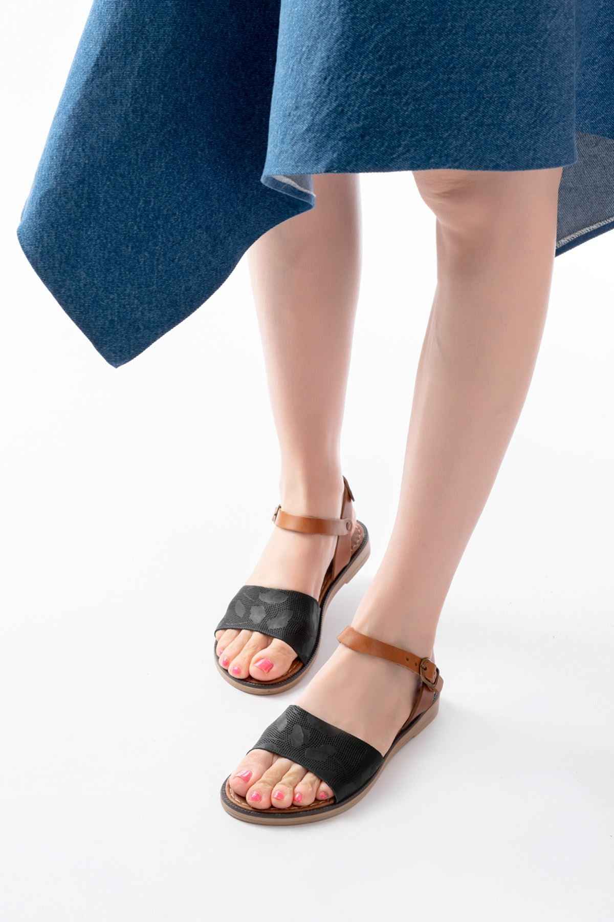 Ayakkabı Aşkı 205-012 Siyah Ortopedik Hakiki Deri Kadın Sandalet