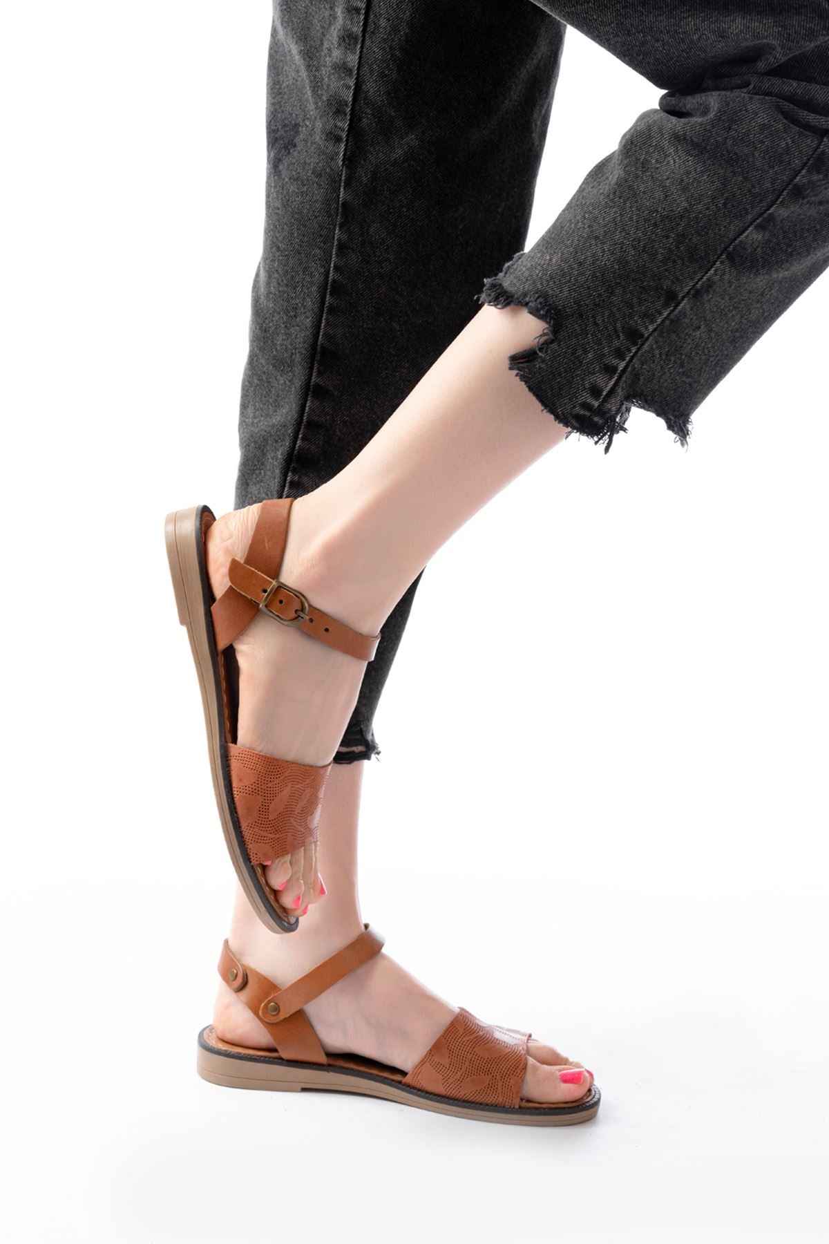 Ayakkabı Aşkı 205-012 Taba Ortopedik Hakiki Deri Kadın Sandalet