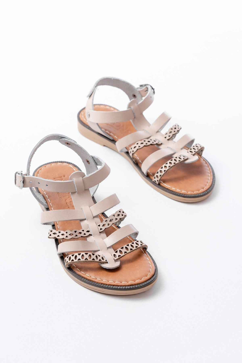 Ayakkabı Aşkı 205-014 Bej Lazerli Kesim Hakiki Deri Ortopedik Taban Günlük Kadın Sandalet