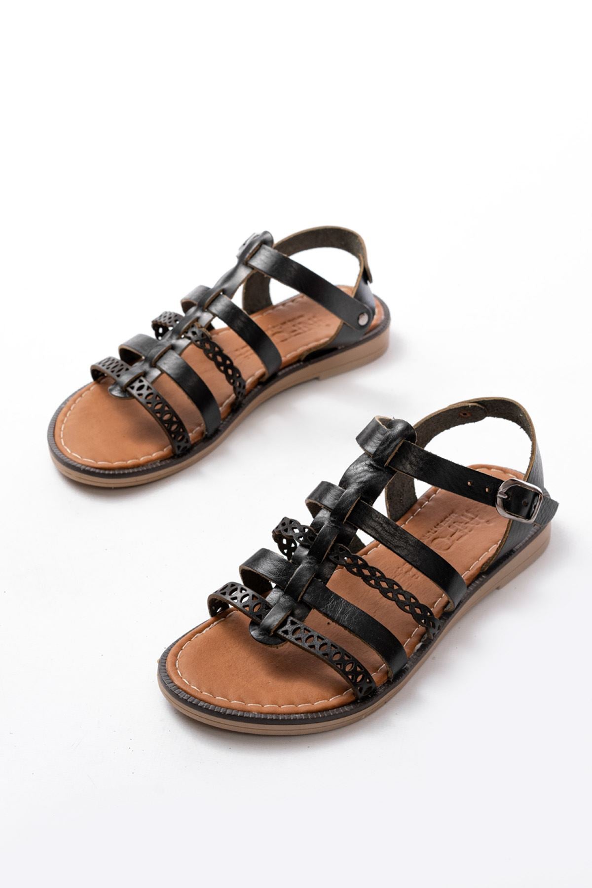 Ayakkabı Aşkı Siyah Lazerli Kesim Hakiki Deri Ortopedik Taban Günlük Kadın Sandalet