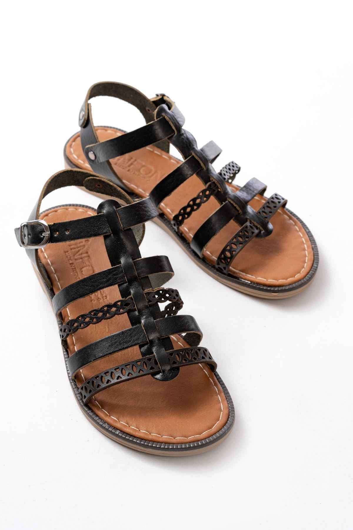 Ayakkabı Aşkı 205-014 Siyah Lazerli Kesim Hakiki Deri Ortopedik Taban Günlük Kadın Sandalet