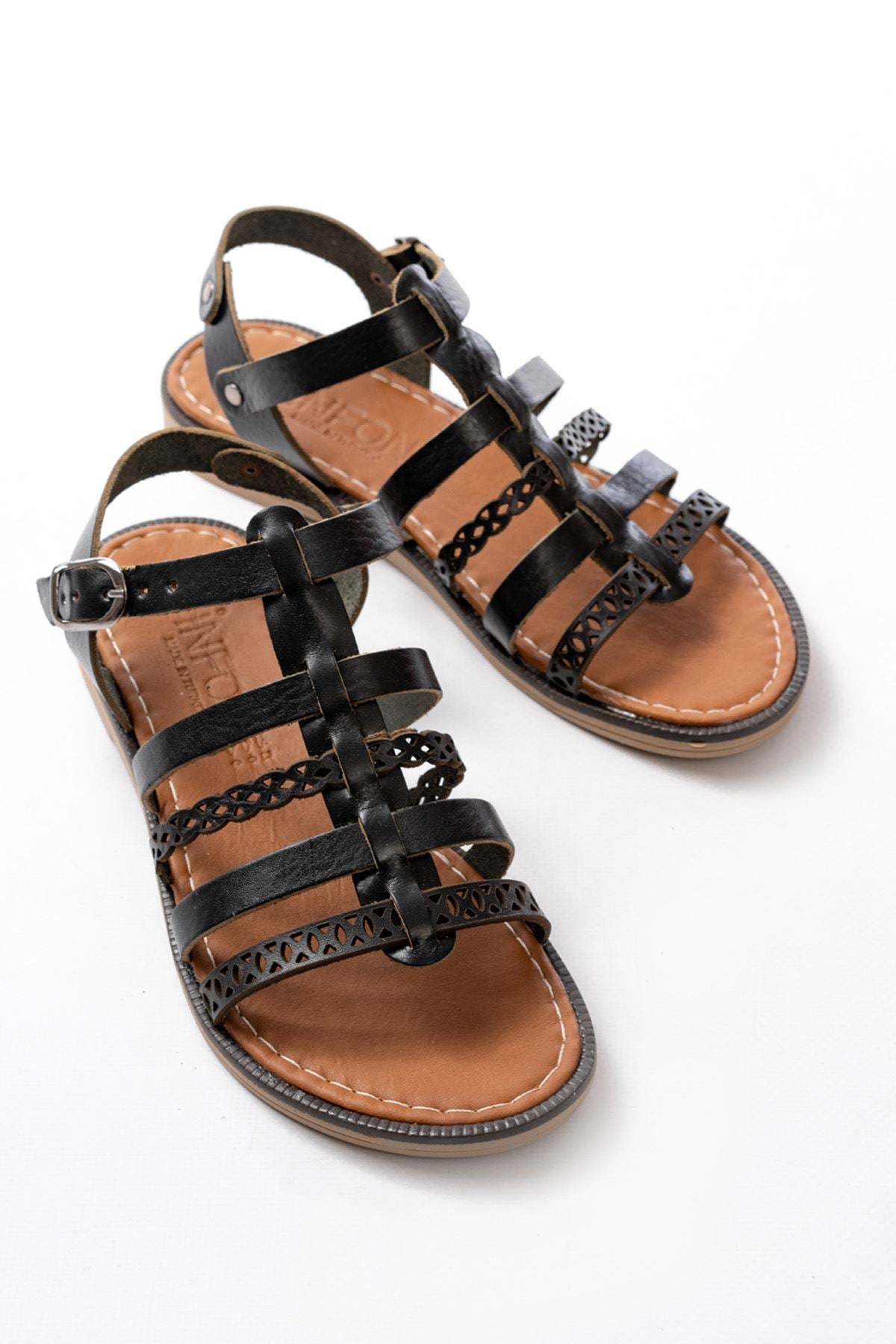 Ayakkabı Aşkı Siyah Lazerli Kesim Hakiki Deri Ortopedik Taban Günlük Kadın Sandalet