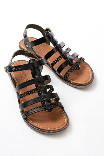 Ayakkabı Aşkı Siyah Lazerli Kesim Hakiki Deri Ortopedik Taban Günlük Kadın Sandalet