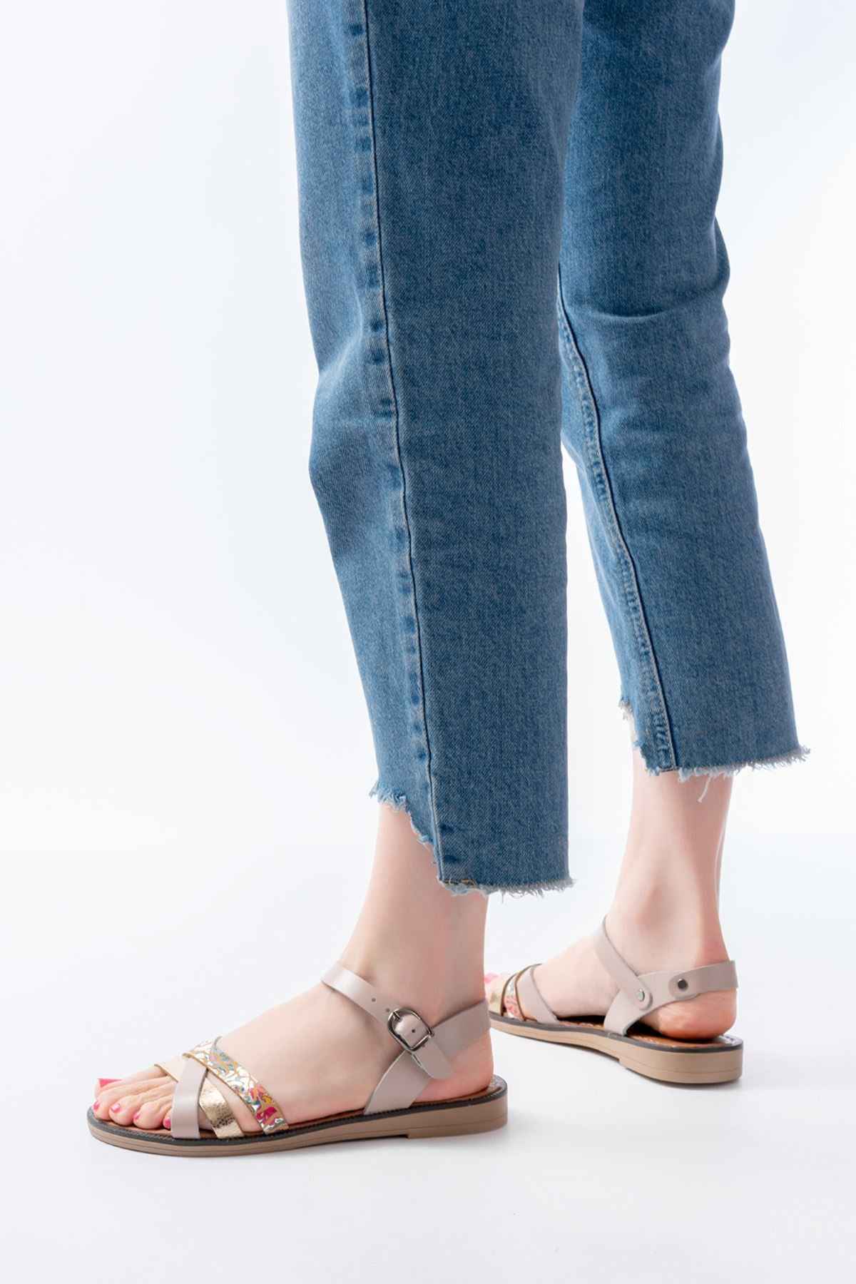 Ayakkabı Aşkı 205-015 Bej Garni Ortopedik Hakiki Deri Kadın Sandalet