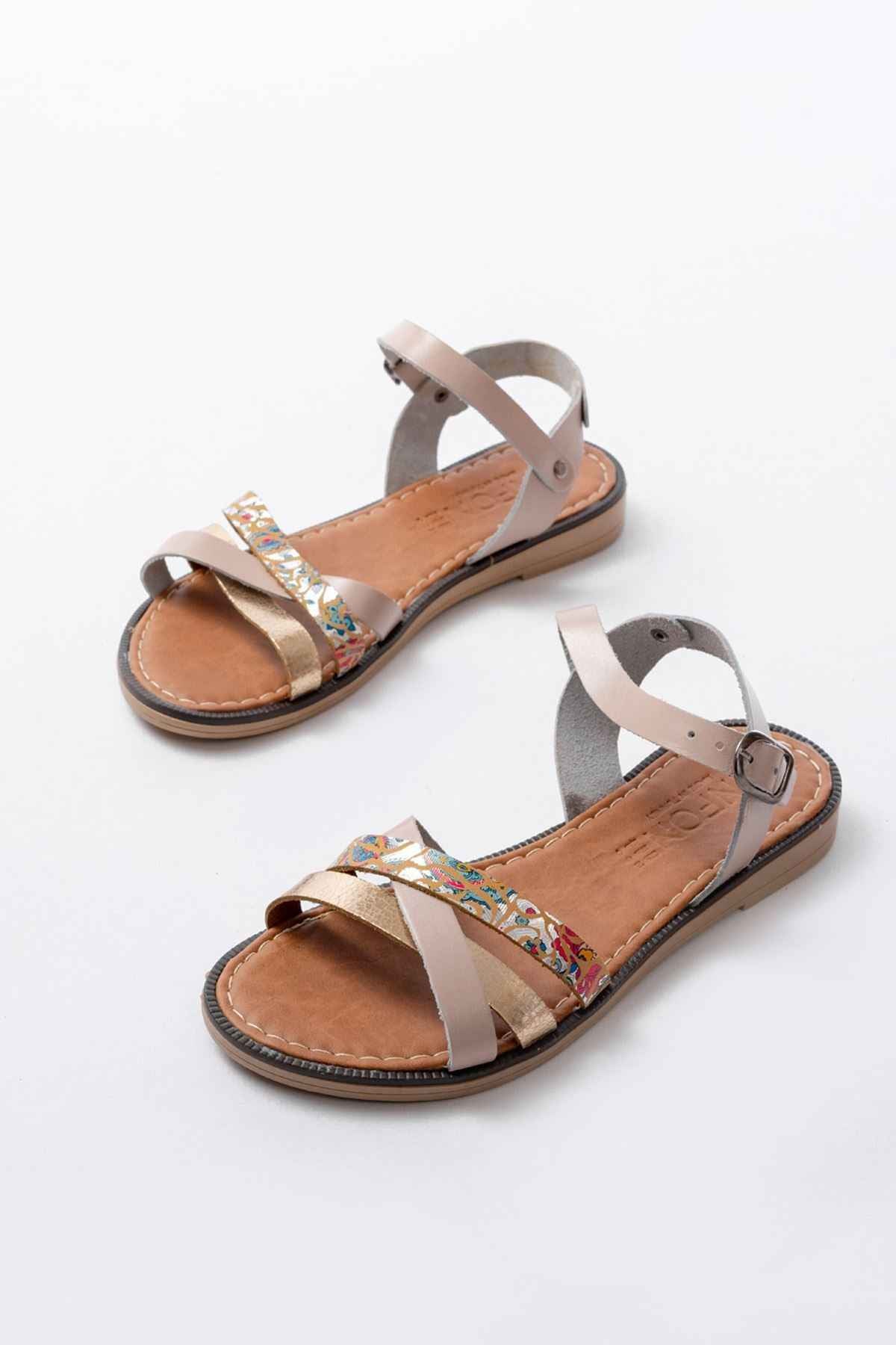 Ayakkabı Aşkı 205-015 Bej Garni Ortopedik Hakiki Deri Kadın Sandalet
