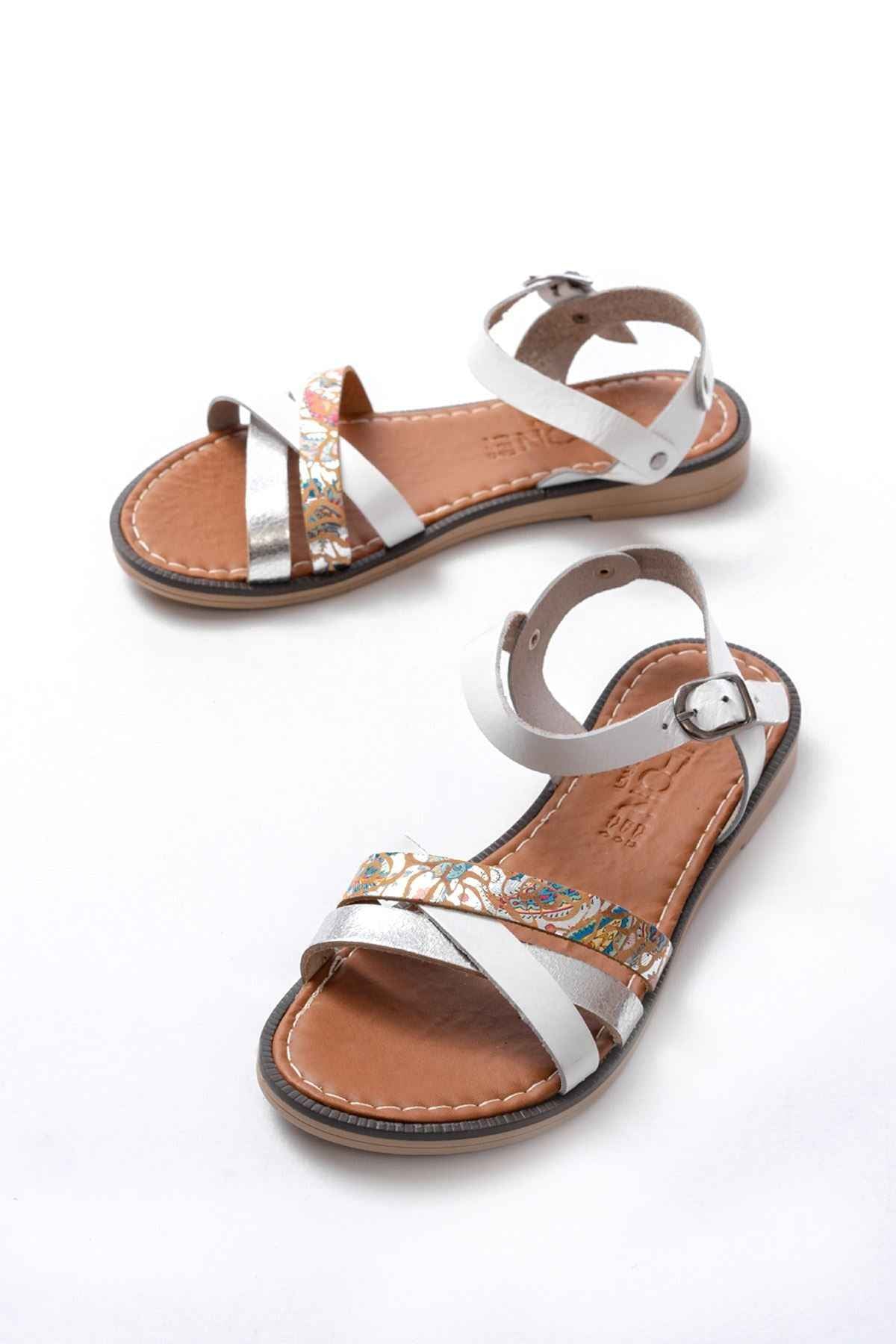 Ayakkabı Aşkı 205-015 Beyaz Garni Ortopedik Hakiki Deri Kadın Sandalet
