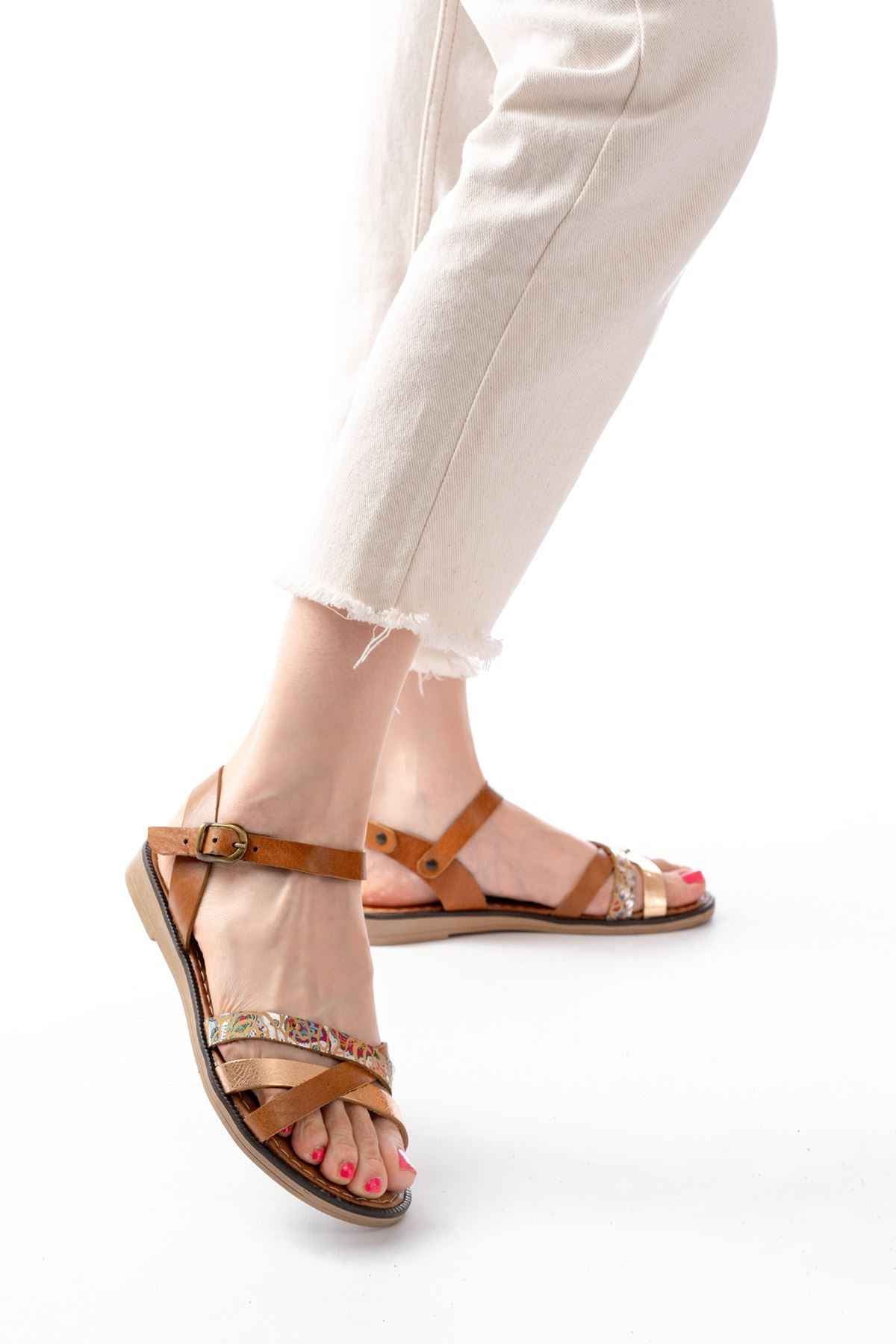 Ayakkabı Aşkı 205-015 Taba Garni Ortopedik Hakiki Deri Kadın Sandalet