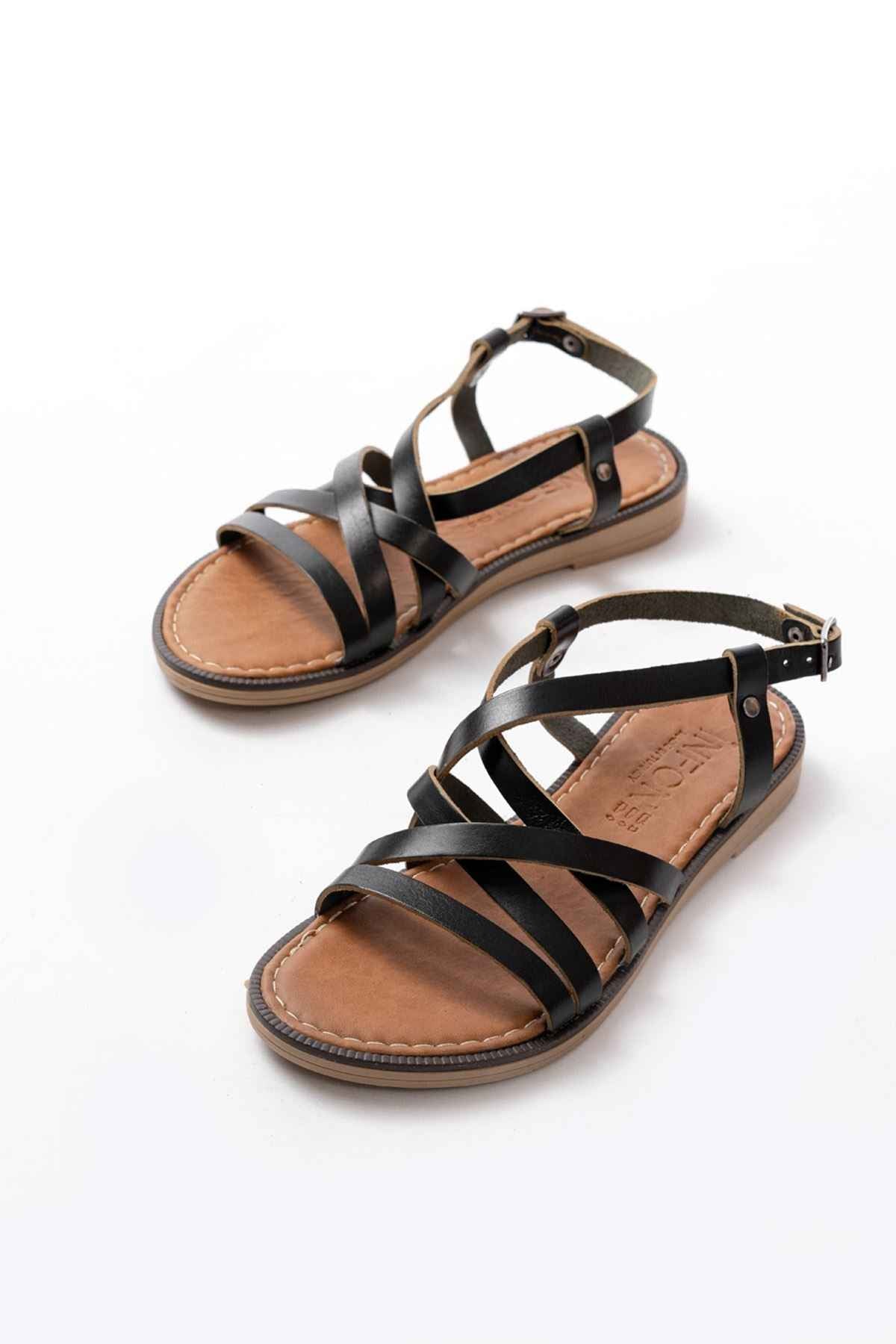 Ayakkabı Aşkı 205-017 Siyah Ortopedik Hakiki Deri Kadın Sandalet