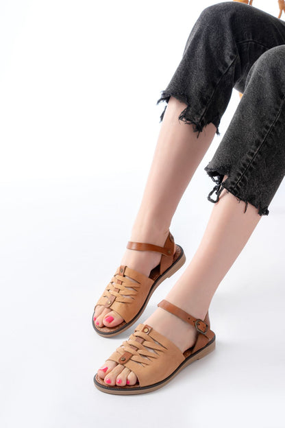 Ayakkabı Aşkı Bej Ortopedik Hakiki Deri Kadın Sandalet