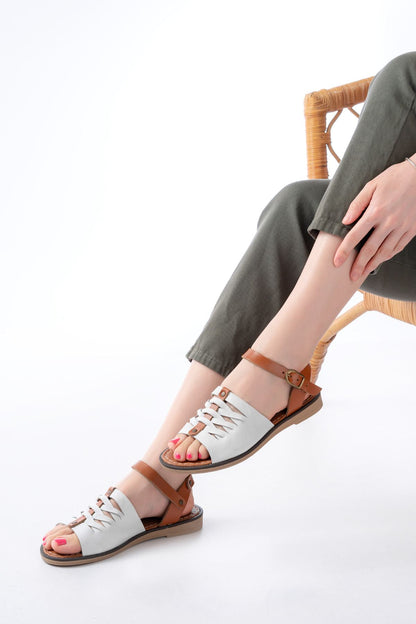 205-029 Beyaz Ortopedik Hakiki Deri Kadın Sandalet - Beyaz