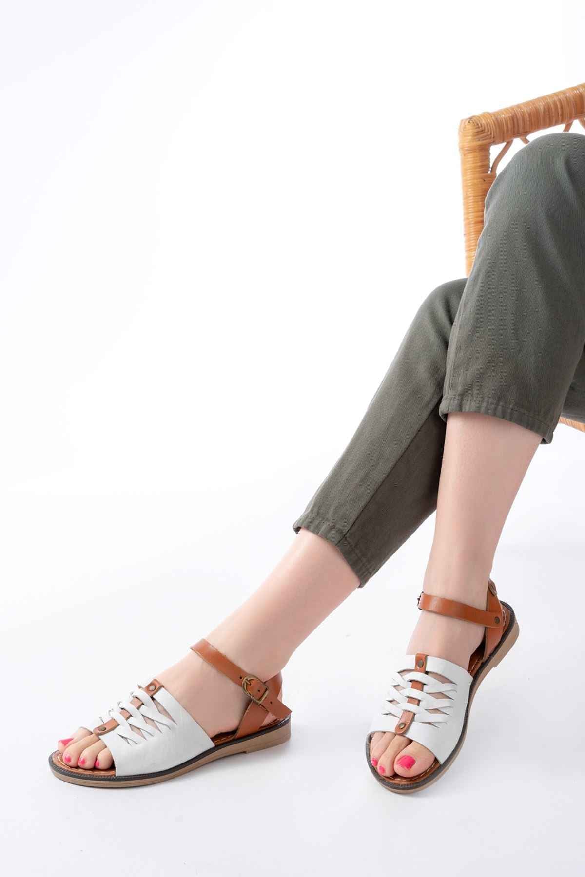 Ayakkabı Aşkı 205-029 Beyaz Ortopedik Hakiki Deri Kadın Sandalet