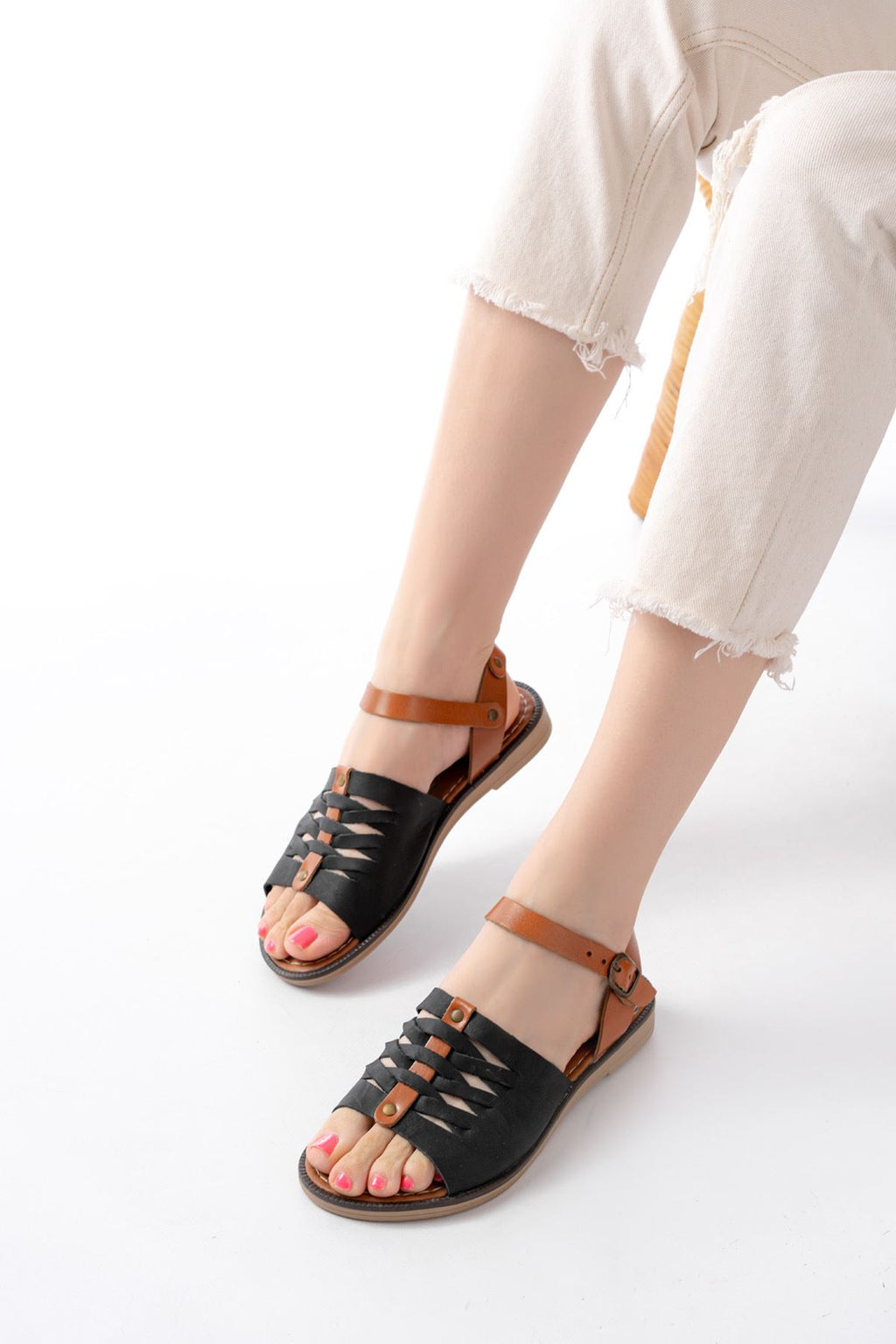 Ayakkabı Aşkı Siyah Ortopedik Hakiki Deri Kadın Sandalet