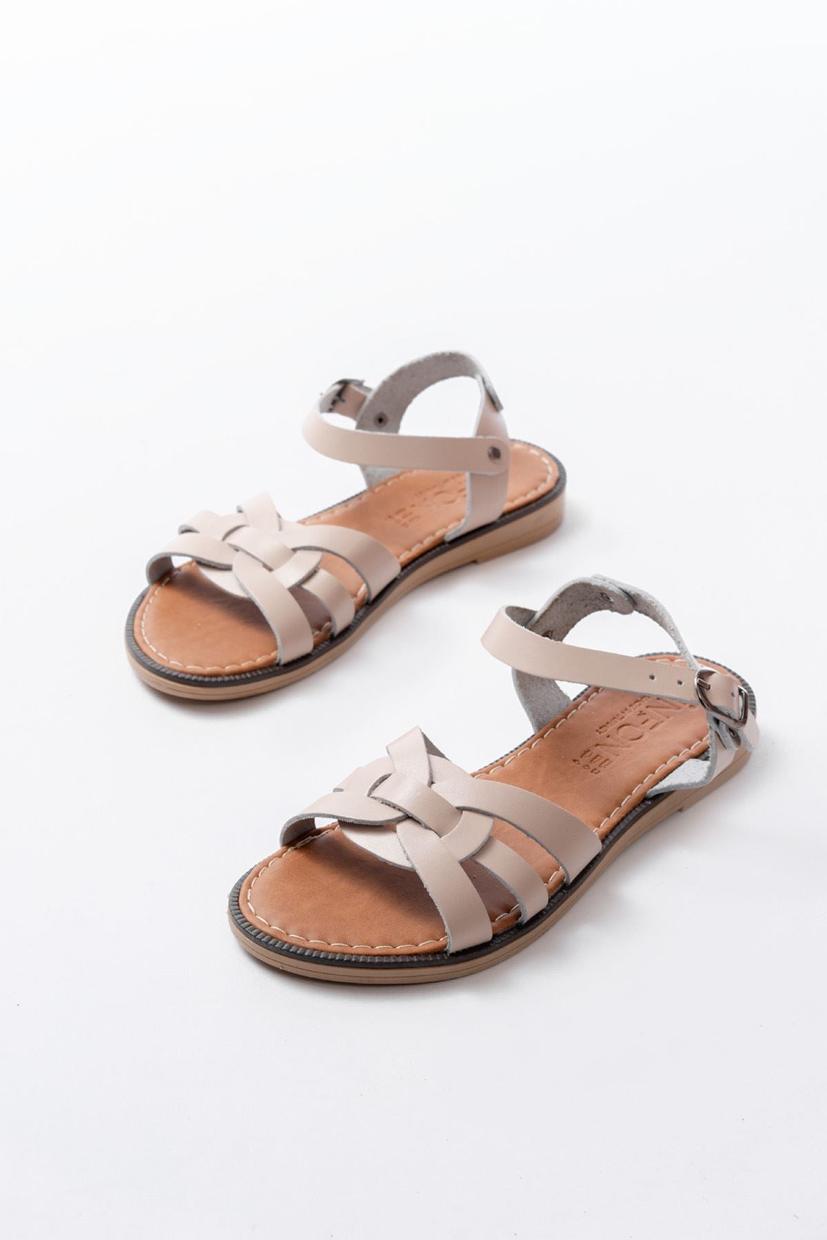 Ayakkabı Aşkı Bej Hakiki Deri Ortopedik Taban Kadın Sandalet - Ayakkabı Aşkı