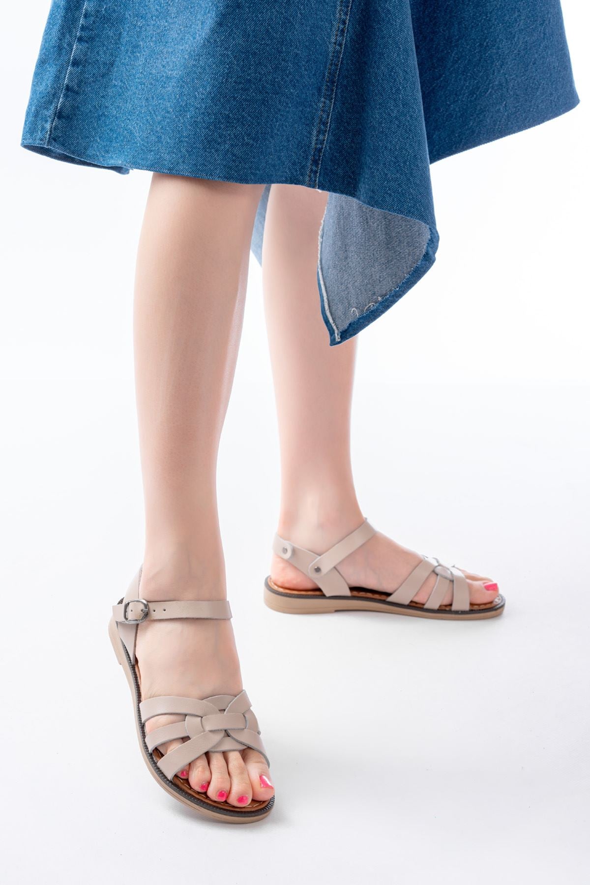 Ayakkabı Aşkı Bej Hakiki Deri Ortopedik Taban Kadın Sandalet - Ayakkabı Aşkı