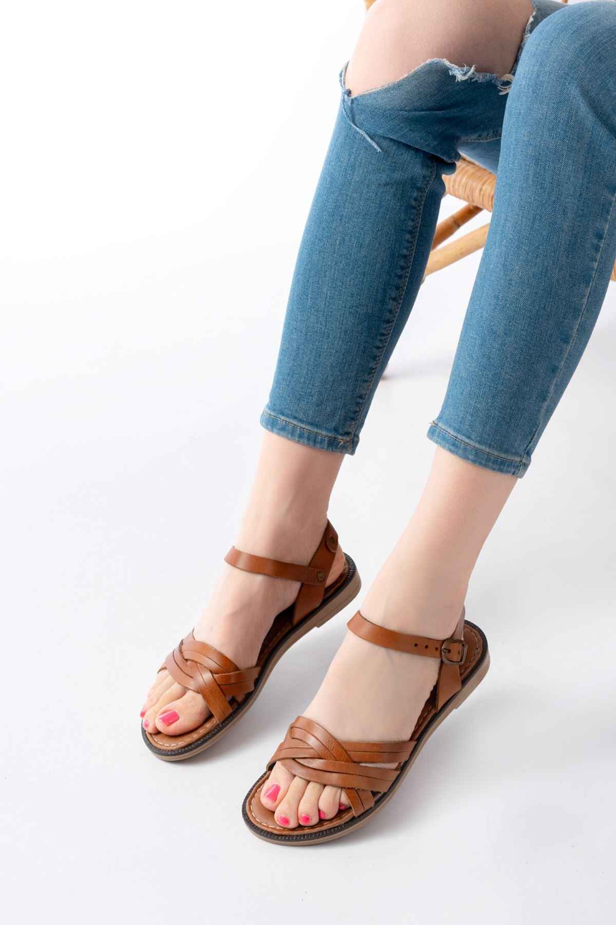 Ayakkabı Aşkı 205-037 Taba Hakiki Deri Ortopedik Taban Kadın Sandalet