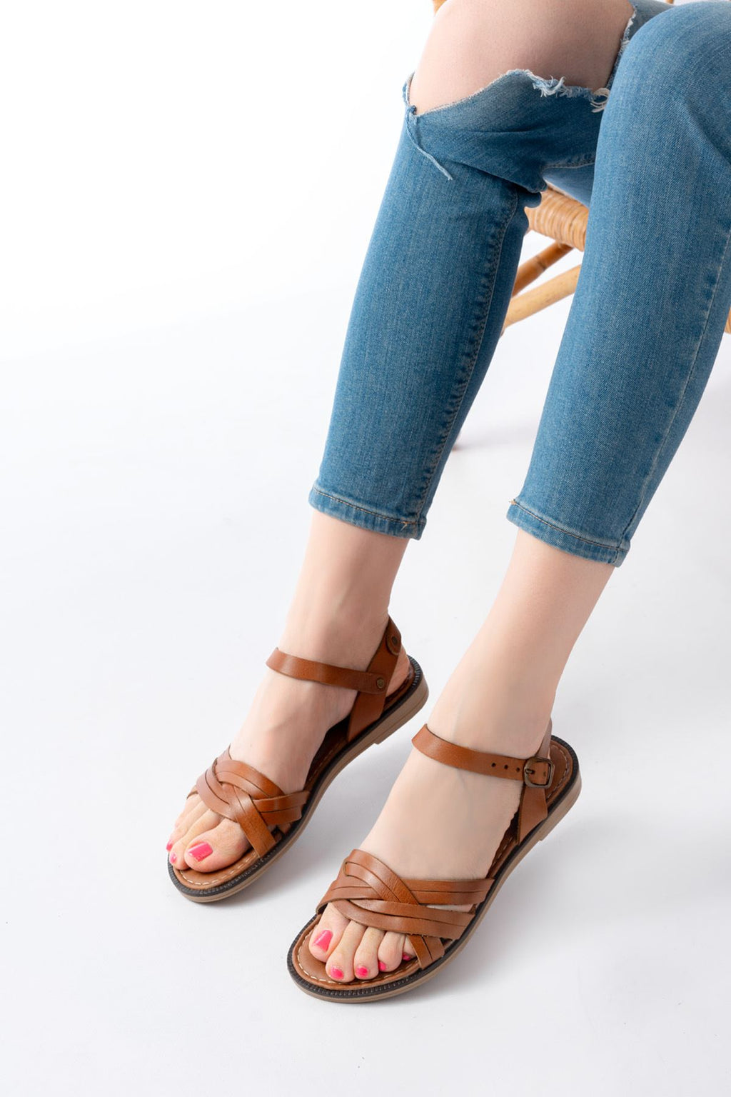 Ayakkabı Aşkı Taba Hakiki Deri Ortopedik Taban Kadın Sandalet