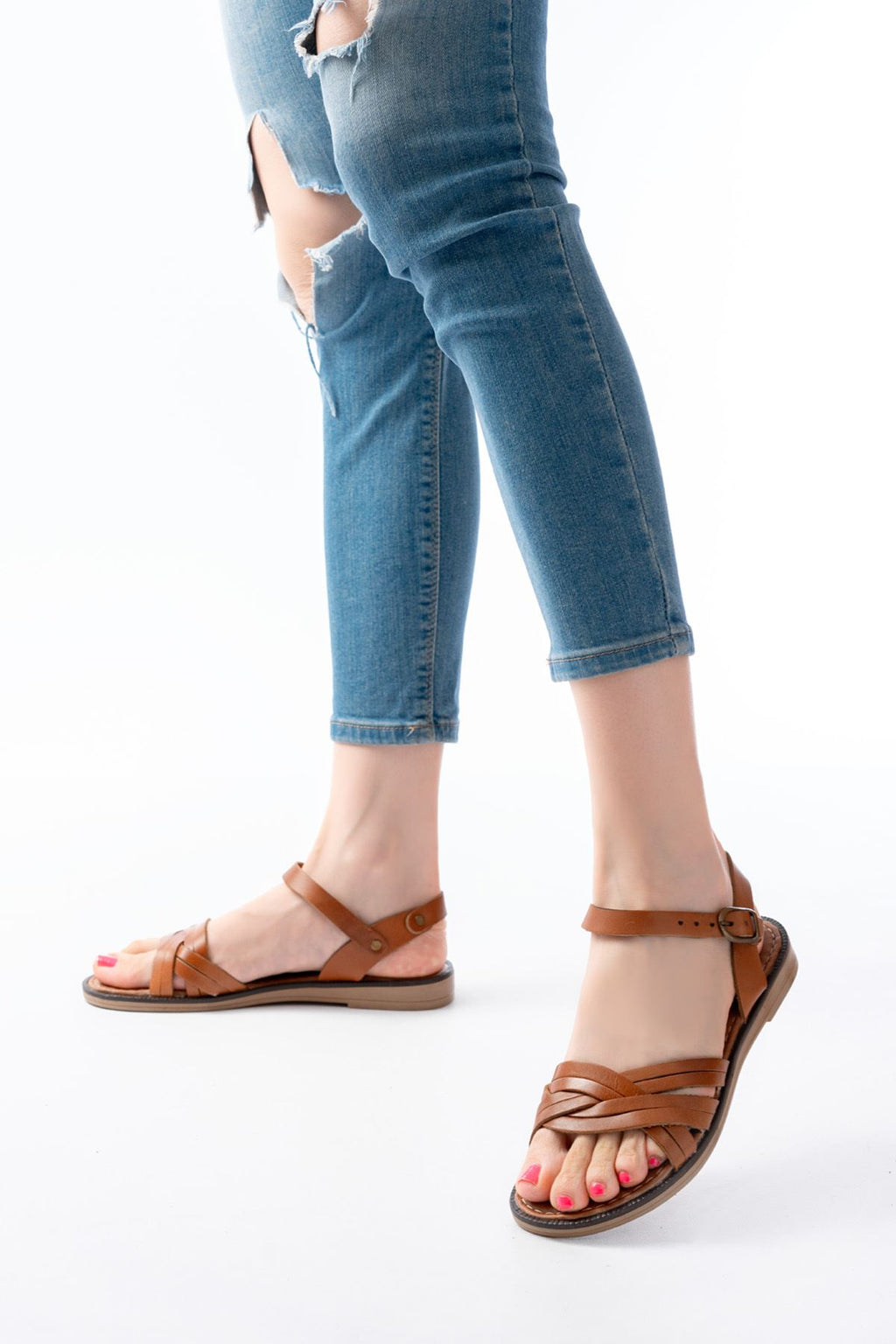 Ayakkabı Aşkı Taba Hakiki Deri Ortopedik Taban Kadın Sandalet