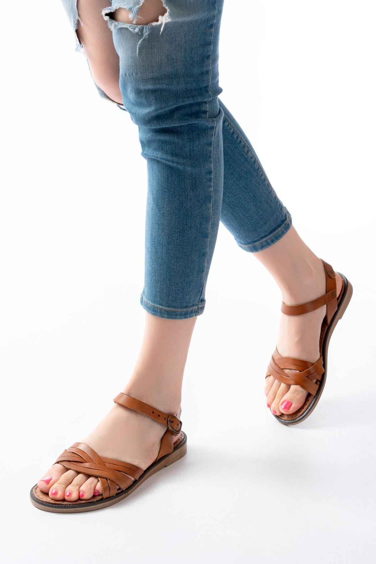 Ayakkabı Aşkı 205-037 Taba Hakiki Deri Ortopedik Taban Kadın Sandalet