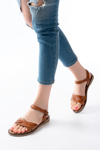 Ayakkabı Aşkı Taba Hakiki Deri Ortopedik Taban Kadın Sandalet