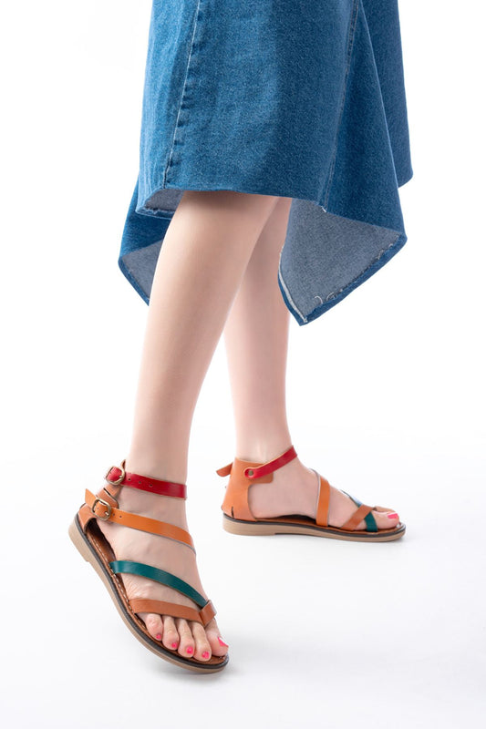 205-039 Taba Multi Bilekten Bağlamalı Parmak Arası Kadın Sandalet - Taba Multi