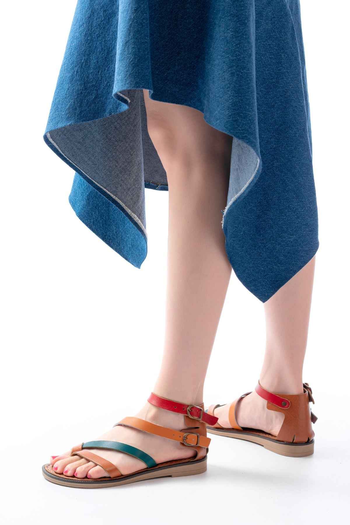 Ayakkabı Aşkı 205-039 Taba Multi Bilekten Bağlamalı Parmak Arası Kadın Sandalet