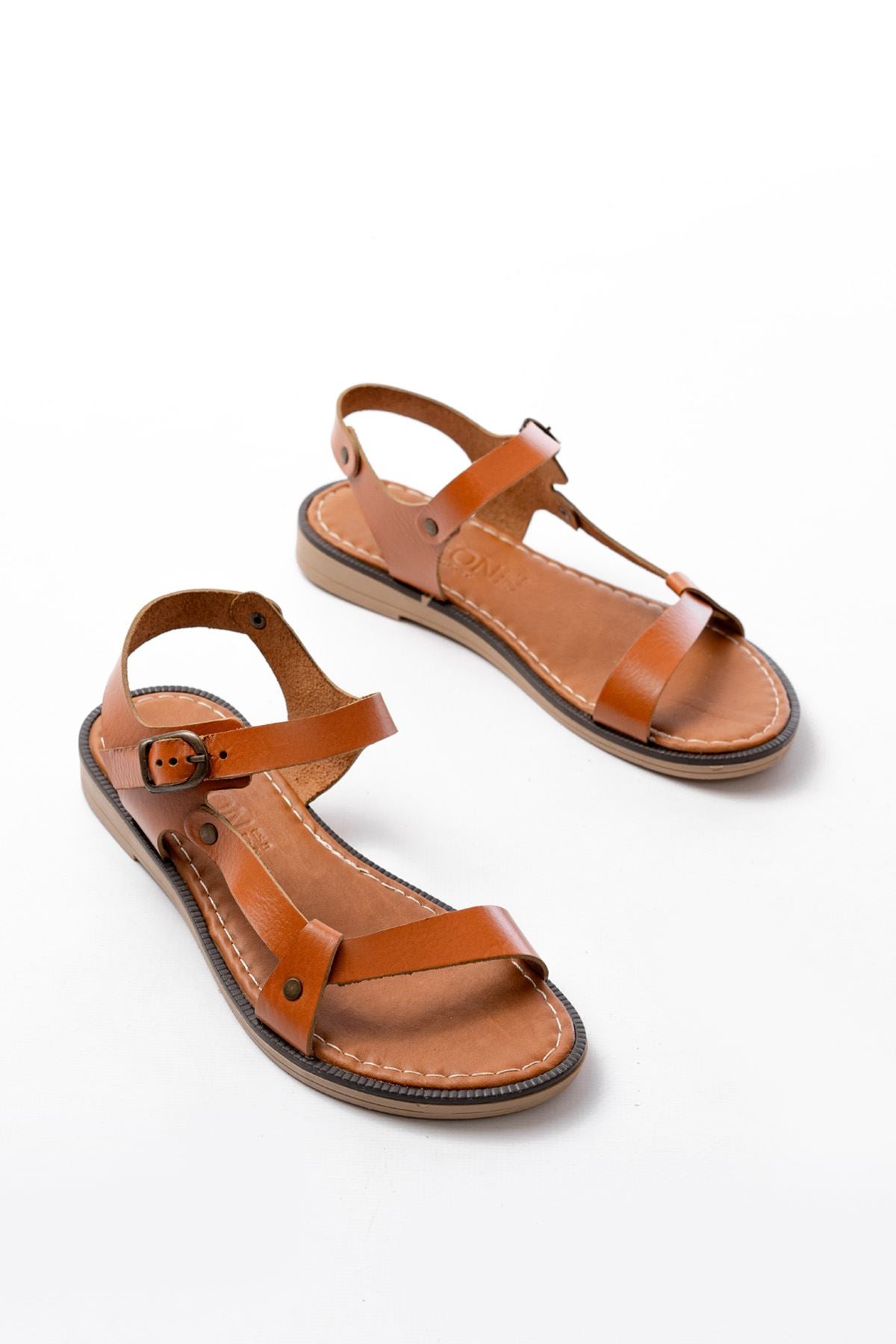 Ayakkabı Aşkı Taba Hakiki Deri Tokalı Kadın Sandalet