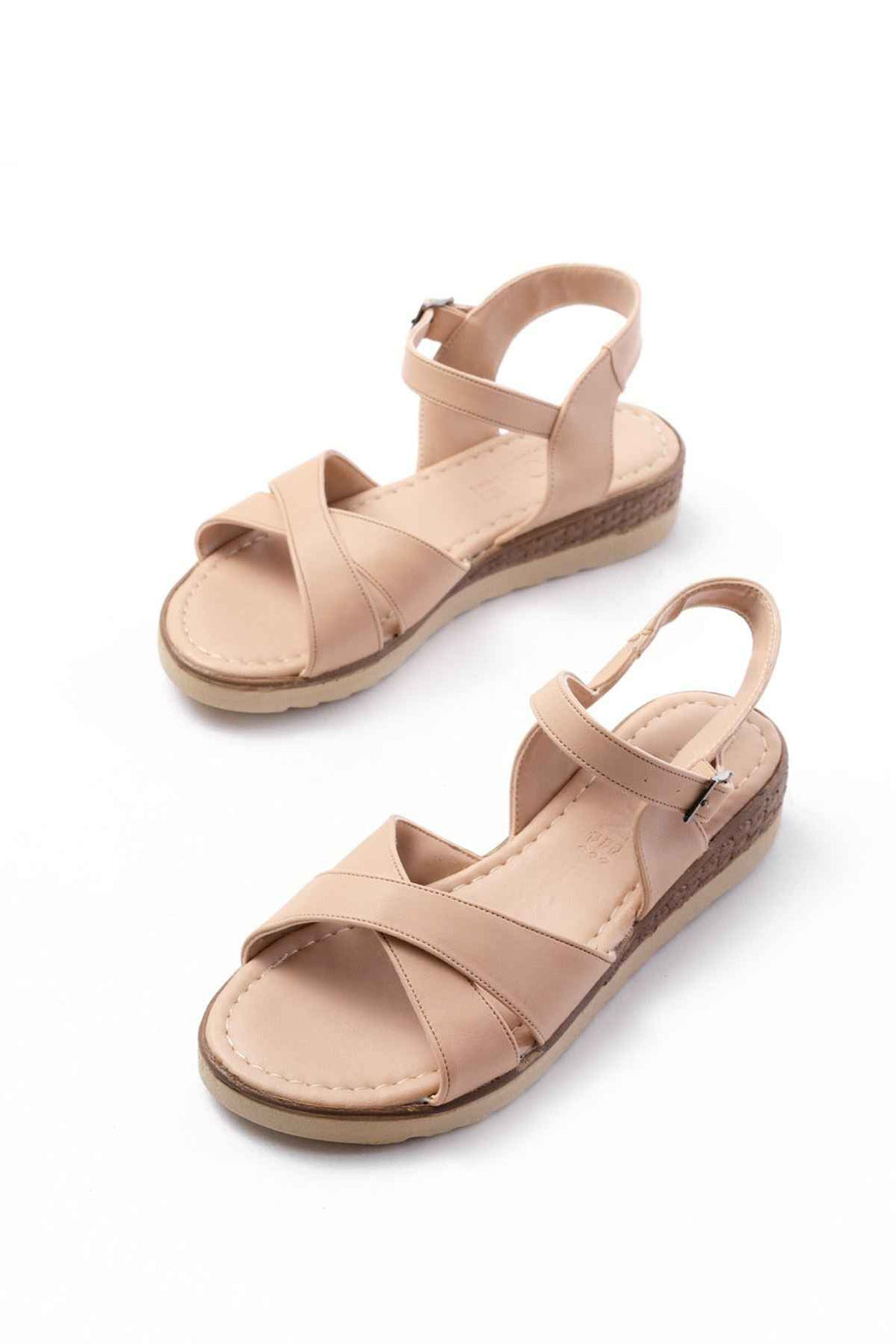 Ayakkabı Aşkı 692-564 Bej Ortopedik Taban Çapraz Tokalı Kadın Sandalet