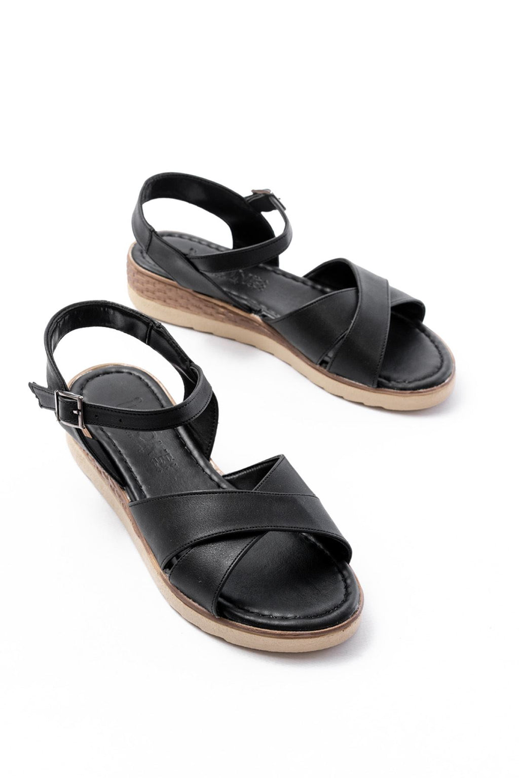 Ayakkabı Aşkı Siyah Ortopedik Taban Çapraz Tokalı Kadın Sandalet